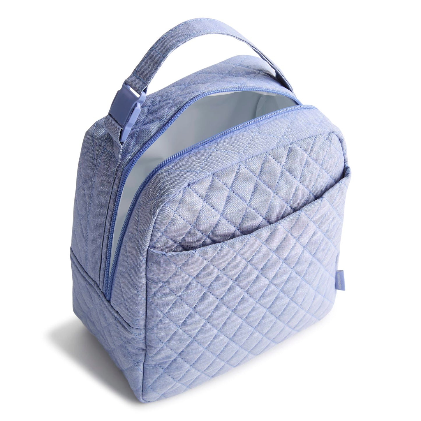 Quilted blue lunch bag on a white background