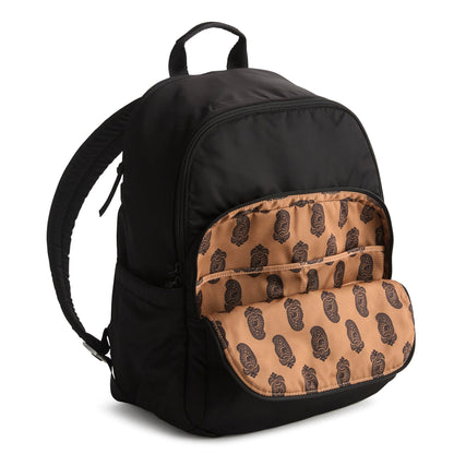 Black backpack with a tan interior pocket featuring a pattern on a white background