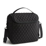 Black quilted cooler bag on a white background