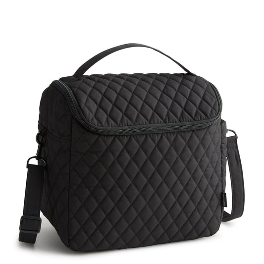 Black quilted cooler bag on a white background