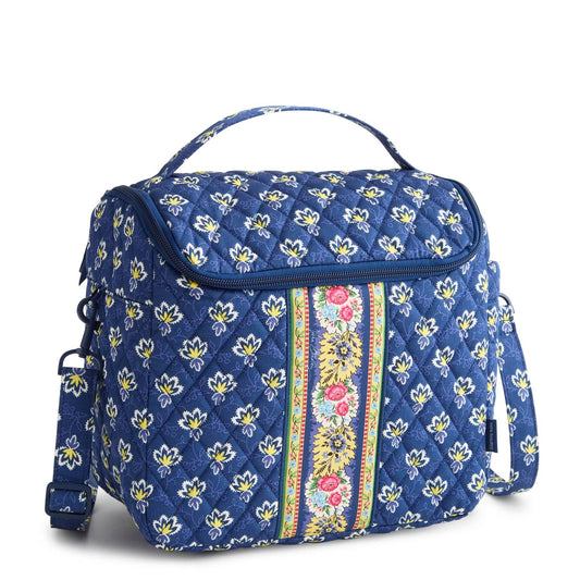 Blue floral-patterned bag with a colorful stripe on a white background