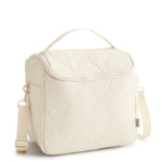 Beige quilted crossbody bag on a white background